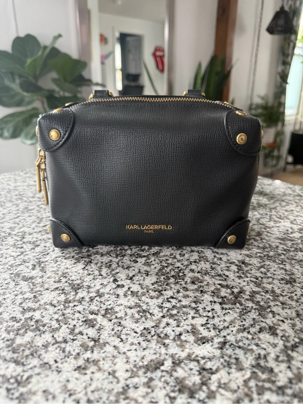 Karl Lagerfeld Black Textured Leather Crossbody Camera Bag with Gold Hardware - Picture 1 of 4